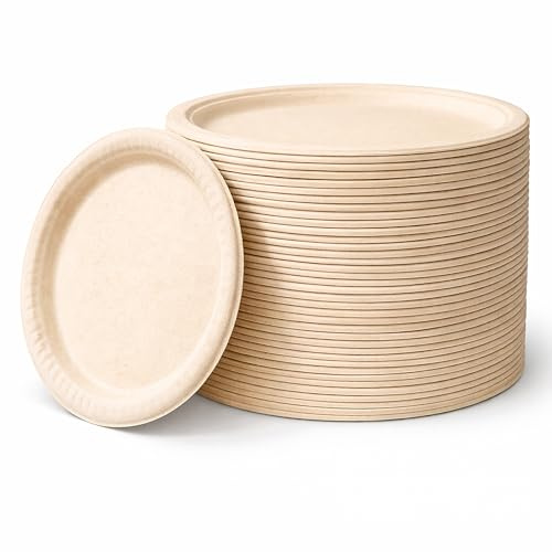 Compostable Plates 10 Inch, 125 Pack Heavy Duty, Leak Proof, Microwave Safe Bagasse Plates, Extra Sturdy, Oil Resistant, Eco Friendly Disposable Plates for Party, Wedding, Catering, BBQ, No Plastic