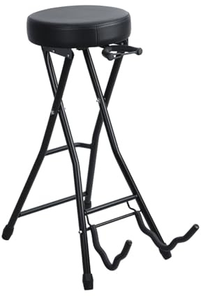 Gitarrenhocker mit Ständer, faltbarer Gitarrenstuhl mit verstellbarer Fußstütze & einziehbarem Haken, gepolsterte tragbare Gitarrenhocker für Erwachsene, akustischer elektrischer Bass, kompakt für