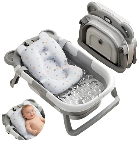 Vurlexat Foldable Baby Bath Tub with Temperature Display, Collapsible Bathtub with Seat Support Cushion, Anti-Slip Portable Travel Shower Bathing Basin for 0-3 Years Newborn Toddler Infant Pets(Grey)