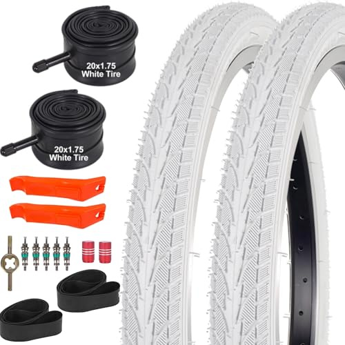 RUHUO 2Sets 20x1.75 White Bike Tires and Tubes, 20 Inch Bike Tire Puncture Resistant Folding Street Bike Tire Sets 47-406 Compatible with Road Street Bicycle E-Bike Wheelchair Low Resistance