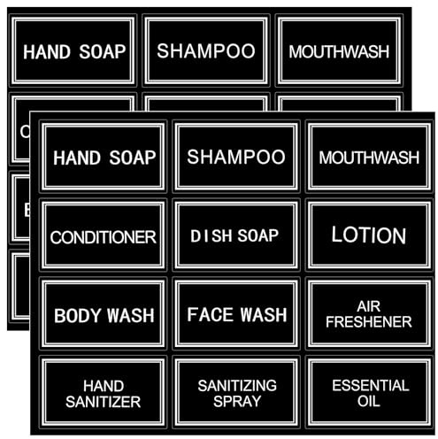 Mabor 24Pcs Waterproof Labels for Bottles, Bathroom Hand Soap Dispenser Stickers, Removable Shower Shampoo Conditioner Organizer, Black