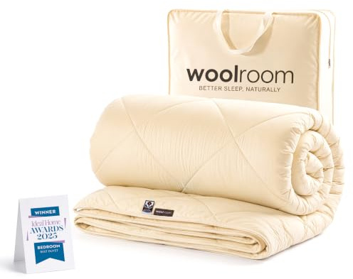 WOOLROOM Deluxe Washable British Wool Duvet Double 11-14 Tog, Warm weight - Natural Certified Anti Allergy Moisture Wicking - Organic Cotton Cover (200tc) - 30 Night Sleep Trial, W200 x L200