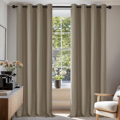 Deconovo Ogenomskinliga mörkläggningsgardiner med öljetter, ogenomskinliga mörkläggningsgardiner för ungdomsrum, 138 x 132 cm (längd x bredd), brungrå, set om 2