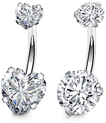 FECTAS 2pcs Anello con ombelico argento Top Zirconia 316L acciaio chirurgico 14G ombelico Bar Gioielli piercing