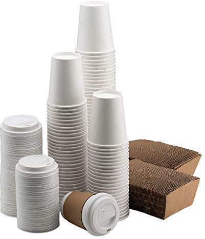 White Paper Cups for Hot Drinks | Coffee Cups with White Thru Lids and Sleeves 12oz (340ml) (50)