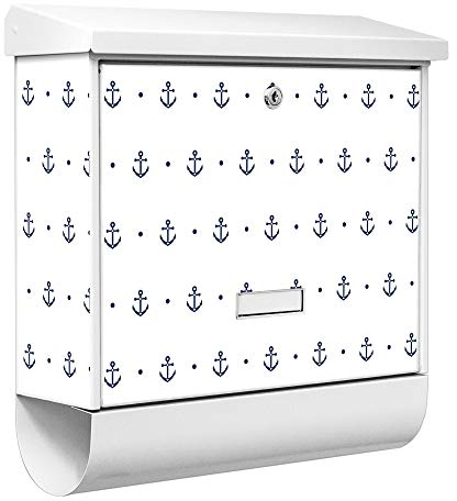 banjado® Burgwächter Briefkasten Weiß 38x39x12cm mit Motiv Kleine Anker/Briefkasten mit Zeitungsfach/Briefkasten mit Zeitungsrolle/Postkasten inkl. Montagematerial & 2 Schlüsseln
