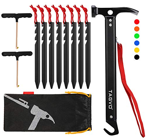 TAGVO Multifunktions Camping Hammer mit 8 PCS Zelt Heringe und 2 PCS Multifunktions Zeltstangen-Abzieher Set,Outdoor High Carbon Stahl Camping Zelt Hammer Aluminium Heringe erdnägel Set