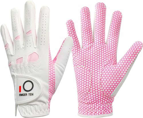 FINGER TEN Golf Gloves Ladies Left Right Hand Non-Slip (M, Left, Pink)