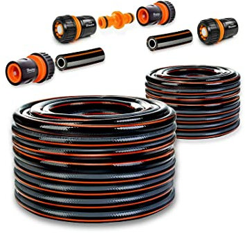 Flexible 4-Layer Hose 1/2(12.5mm) inch Carbon Colours Water Hose Pipe for Home Garden Patio and Car Cleaning, 25 bar Burst Pressure, Spiral mesh Textile Set Multi-Option Choice (30, with Connectors)