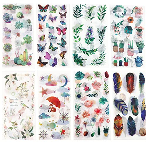 GUIFIER 48 Blätter Scrapbooking Sticker Aufkleber, Blätter Blumen Tiere Stickerbögen, Vögel Schmetterlinge Deko Washi Aufkleber Set für Kalender Notizbuch Tagebuch Fotoalbum DIY Handwerk Dekorativer