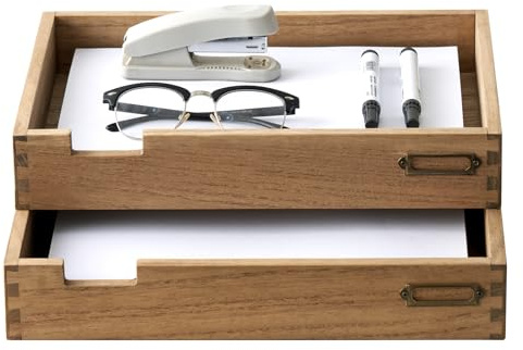 KIRIGEN Wooden Stackable Letter Tray Set of 2, A4 Desk Organiser with Metal Label Holders, Two Tier Document Storage for Home Office Use, Brown(2TTP-DBR)