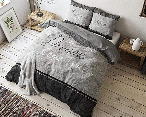 SleepTime Funda Nórdica 100% Algodón, True Dreams, Gris, Cama 150, 240cm x 220cm, con 2 Funda de Almohada de 60cm x 70cm