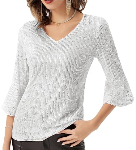 GRACE KARIN CL 1559 Top da donna con scollo a V e paillettes, elegante, Argento/Bianco, L
