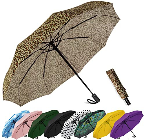 SIEPASA Parapluie de voyage compact, coupe-vent, automatique et pliable, parapluie portable pour femme, homme et adolescent, petite taille (imprimé léopard)