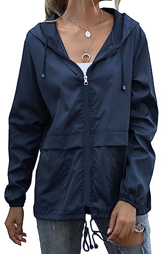 Veste de pluie légère et imperméable pour femme - Respirante - Pliable - Coupe-vent - Veste softshell - Veste de vélo avec poches, bleu foncé, S