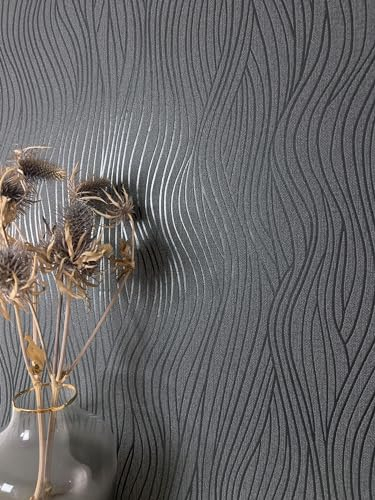 NEWROOM Tapete Anthrazit Vliestapete Wellen - Streifentapete Streifen Dunkelgrau Linien Struktur Wellenmuster Modern Leicht glänzend Klassisch inkl. Tapezier-Ratgeber