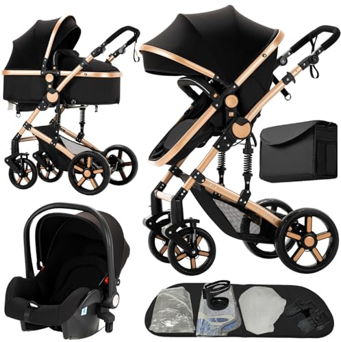 Nine point nine Barnvagnspaket 3-i-1, set med vändbar liggdel, sittdel och babyskydd, dubbelt skjutläge, duovagn med stor och bekväm liggvagn, stomme av aluminiumlegering (588 svart och guld)