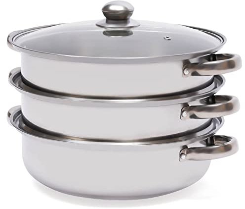 Olla de vapor de acero inoxidable de 3 niveles, con tapa de cristal, para cocinas de inducción y eléctricas, hornos eléctricos, cocinas de gas, mariscos, pescado, carne de vacuno