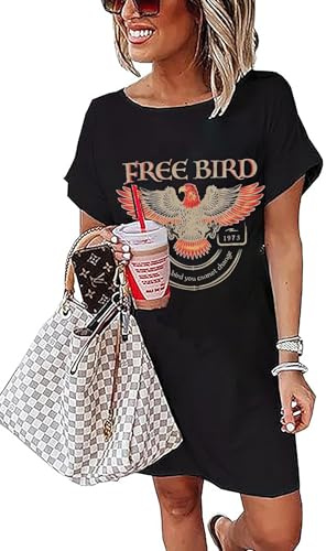 Vintage Rock Country Music Dress for Women Rock Concert Band Graphic Tshirt Casual Letter Print Short Dress(Black-1,X-Large)