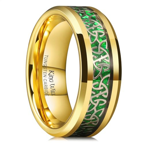 King Will 8mm Tungsten Wedding Ring for Men - Celtic Knot Design Band Comfort Fit Wedding Band, Anniversary Ring, Gold&Green 8mm,V 1/2(11)