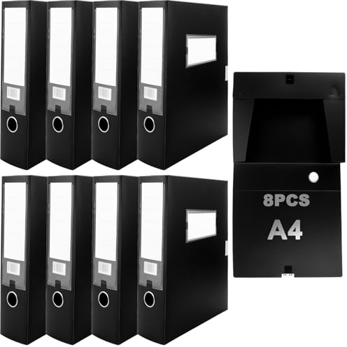 WOPPLXY Juego de 8 Archivador A4, Carpetas Archivadoras con Lomo de 7,5 cm de Ancho, Archivadores Oficina de PVC (Negro)