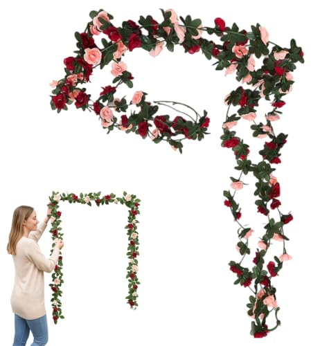Ghirlanda Fiori Artificiali Rose Rosse Champagne 2 Pezzi – Decorazione Floreale in Seta realistica – 2m per Matrimonio casa Festa Parete Tavolo Porta – Decorazioni romantiche Senza manutenzi