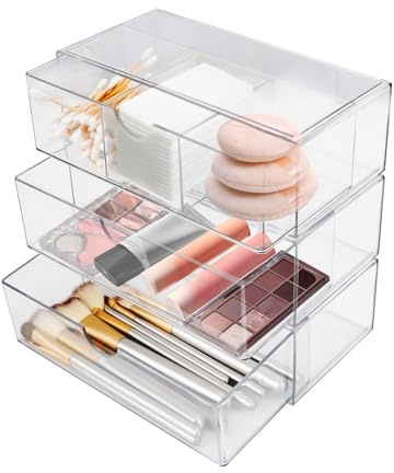 QZDAFFIC 3 cajones acrílicos organizadores de tocador, apilables para baño, organizador de maquillaje transparente, almacenamiento de esmalte de uñas para cuidado de la piel, cosméticos, perfume
