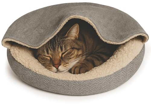 Dream Paws Cat Bed, Snug Calming Hideaway with Hooded Blanket, Herringbone Cat Cave Igloo House for Indoor Cats, Warm Anxiety Fleece Kitten Bed, Washable Non Slip Pet Bed for Small Dogs, Grey, 58x58cm