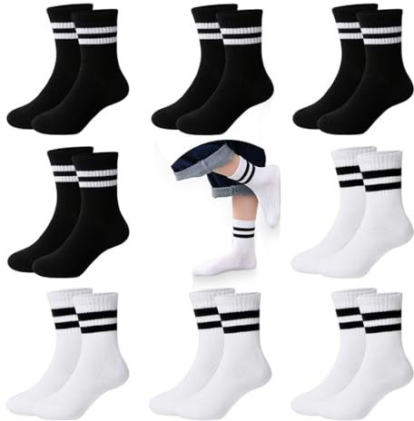 8 Paia di Calzini Sportivi per Bambini, Calzini Sportivi 33-36, Calzini di Cotone per Bambini e Bambine, Calzini Sportivi da Tennis, Calzini Sportivi per Bambini, Nero, Bianco