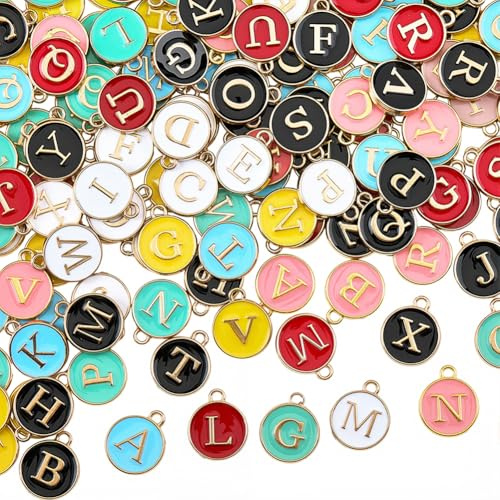 SUNNYCLUE 1 låda 182 st 7 färger runda bokstäver berlocker alfabetsberlocker bulk emalj huvudstad A till Z formade dubbelsidiga initialbokstäver för smyckestillverkning fynd armband halsband