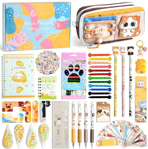 Kawaii pennfodral skrivmaterialset, kattunge stationery set katt skolsaker saker med spiralanteckningsbok, vaxkrita, blyertspennor, gelpennor, 50 klistermärken, 30 bokmärken för barn presentset