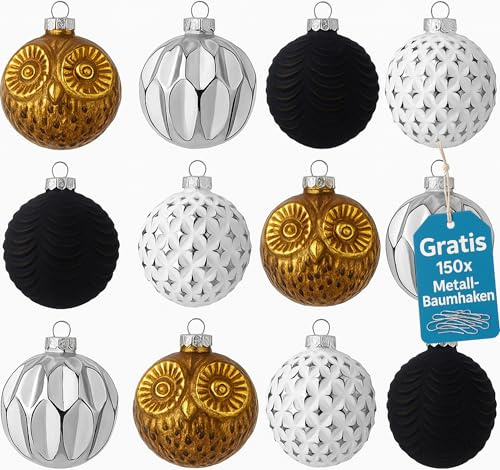 Premium Weihnachtskugeln 12 teiliges Set Echtglas Glaskugeln Weihnachten Weihnachtsdeko Tannenbaumkugeln Glas Christbaumkugeln Weihnachtsbaum 6 cm (O6)