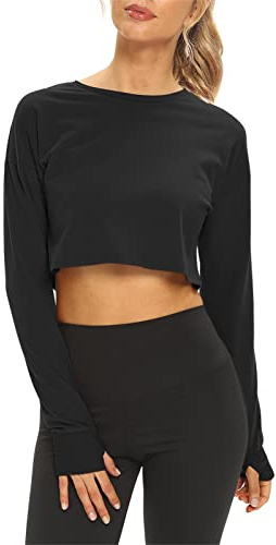 Mippo Crop Top Long Sleeve Workout Shirts Athletic Gym Active Wear Loose Cropped Sweaters Oversized Tshirts Black M