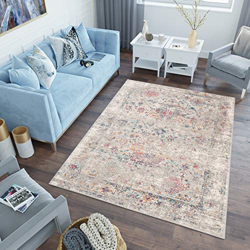 TAPISO Lazur Teppich Kurzflor Grau Rosa Blau Orange Creme Klassisch Verwischt Orientalisch Ornament Floral Wohnzimmer Schlafzimmer ÖKOTEX 200 x 290 cm