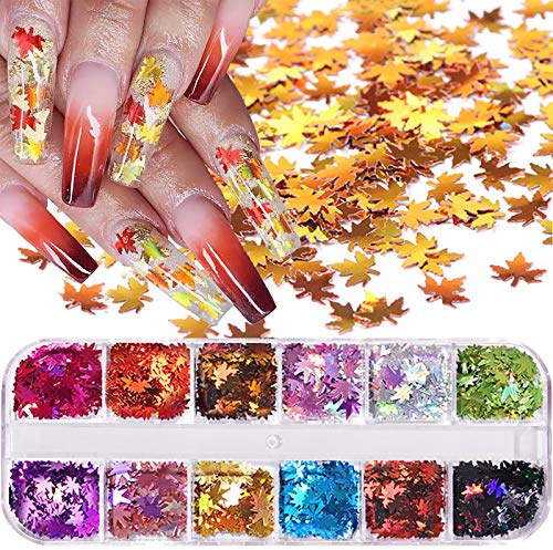 Paillettes pour ongles d'automne - 12 couleurs - Holographique 3D - Pour ongles - Feuille d'érable - Décoration d'automne