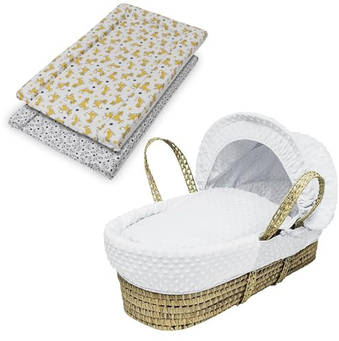 Kinder Valley Moses Basket with Changing Mat(Lion King Theme) also Includes Adjustable Hood, Fibre Mattress & Padded Liner | (White Dimple)