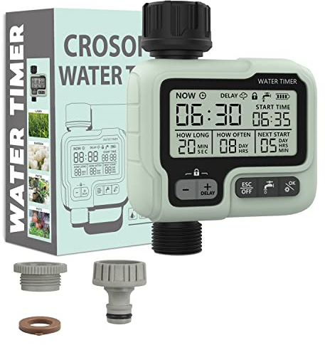 CROSOFMI Centralina Irrigazione Giardino Timer Irrigazione Automatico Programmatore Irrigazione /IPX5 Impermeabile/Ritardo Pioggia/Modalità di Irrigazione Manuale/Funzione di Blocco Bambini