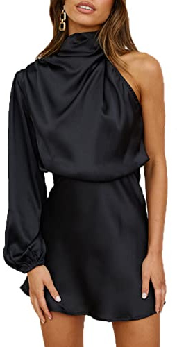 Women's Satin Long Sleeve One Shoulder Mini Dress Silk One Sleeve Turtle Neck Cut Out Cocktail Short Dress for Women Black