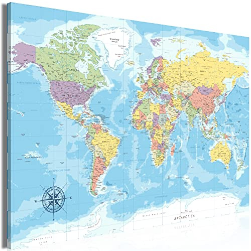 murando - Lavagna Di Sughero per Puntine - Mappamondo 120x80 cm 1 Pezzo - Bacheca Sughero da Parete & Quadro su tela in un Uno - Grande Decorativo per Parete per le Note - Geografica Blu k-C-0128-p-a