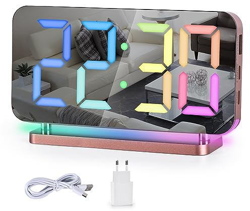 SZELAM Digital Clock,Alarm Clock Bedside,7.4''LED Mirror with 10 Modes RGB Night Light,11 Colors LED Display,Auto Dimming,USB C Charging Port,5 Levels Volume Desk Bedroom Teens, Rose Gold