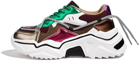 LUCKY STEP Baskets Femme à Plateforme – Chaussures Chunky Dad Rétro, Baskets à Blocs de Couleurs pour Usage Quotidien et Promenades (Marron/coloré, 9US-39EU-6UK)