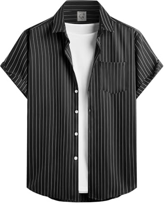 Hardaddy Men's Casual Striped Shirts Button Down Short Sleeve Blouse Summer Hawaiian Shirt Black L