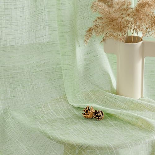 Woaboy Cortinas de Lino Visillo Corta Semitransparente Cortinas Dormitorio Modernas con Ojale para Ventana Salón Habitación 2 Piezas 140x145cm Verde