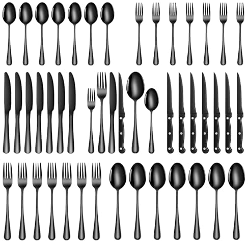 TAN REN Besteck Set Schwarz 8 Personen, 48-teiliges Edelstahl Besteckset mit Steakmesser, Elegantes Essbesteck mit Messer Gabel Löffel, Tafelbesteck für Küche/Restaurant