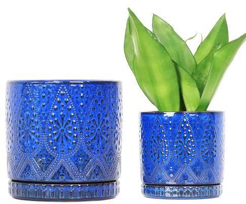 YFFSRJDJ 8 Inch + 6 Inch Indoor Plant Pot with Drainage Holes and Saucers, Ceramic Planter for Plants Succulent Orchid Flower Pots