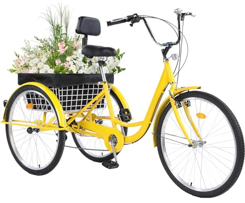 Jacgood Adult Tricycle 26 inch 7 Speed, Three Wheel Bicycle for Adult, Trike Cruiser W/Tools & Big Basket for Exercise Shopping Picnic Outdoor Activities Yellow