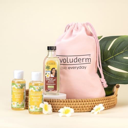 EVOLUDERM – Routine Escapade Estivale - 1 Gel Douche Exaltant 100ml + 1 Shampoing Hydratant 100ml + 1 Pur Monoi de Tahiti Huile Hydratante + 1 Pochon Coton Offert - Végan - Fabrication Française…