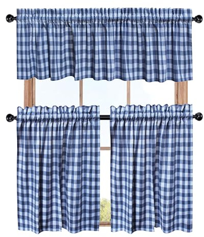 COTTON CRAFT Café Curtains - Tier Window Treatment Curtains - Blue and White Gingham Check 3 Pack Set with Valance - 100% Cotton Kitchen Farmhouse Country Rustic Laundry Bedroom Curtain Set