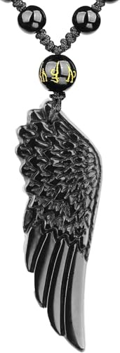 HLbshi Natural crystal silver gold obsidian angel wing necklace Amulet pendant with adjustable bead chain for men women (black obsidian)