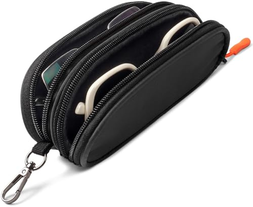 Tangoner Double Eyeglasses Case Soft Portable Zipper Sunglasses Pouch with Keychain Clip for Men Women (Black)